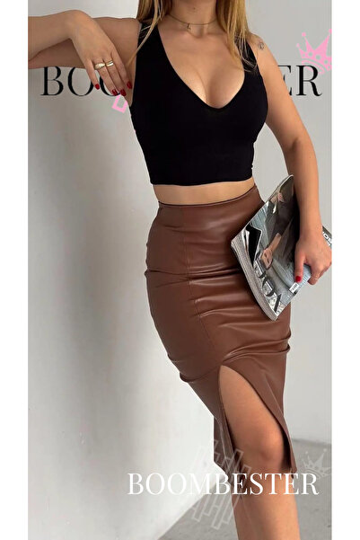 BoomBester Women's High Waist Leather Pencil Skirt - Elastic Waist Slit (Cotton Interlining Coated Inside)