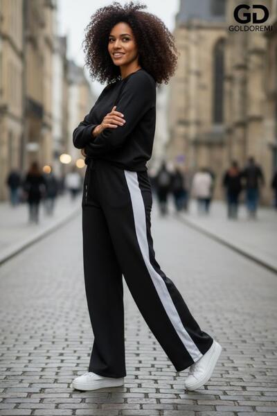 gd goldoremi 11-007 Γυναικείο φούτερ με ριγέ στο πλάι και φαρδύ πόδι