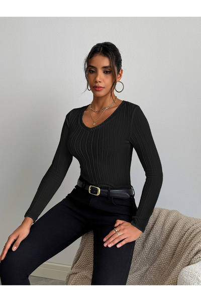 Take Two By Styli Women Black Ribbed Knit Long Sleeve Top