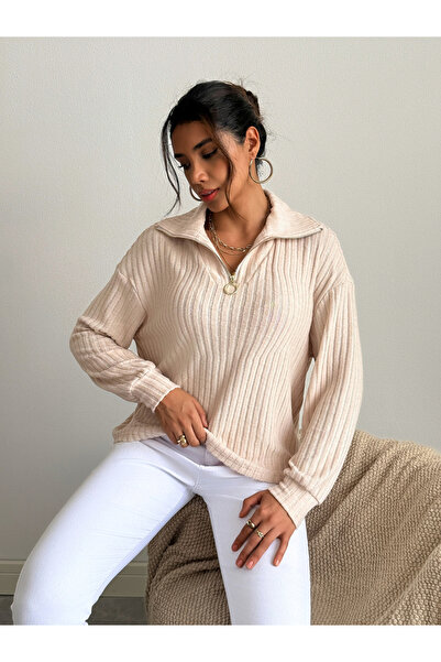 Take Two By Styli Women Beige Half-Zip Ribbed Sweatshirt