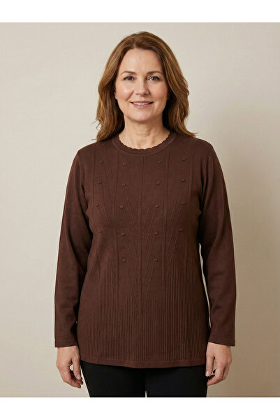 nacar çarşı Дамски тъмнокафяв плетен пуловер с дълги ръкави, велосипедна яка ...