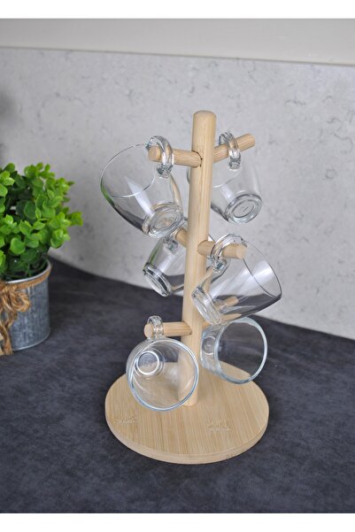 Qualitev 6-Person Mini Coffee Cup Set with Wooden Stand 75 ml Paşabahçe Espresso Cups