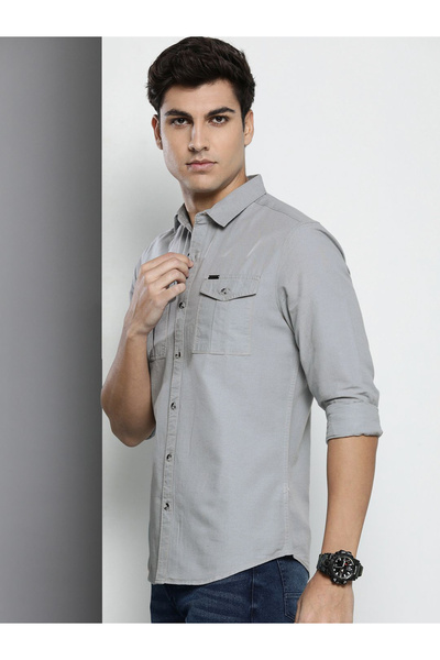 The Indian Garage Co By Styli Men Grey Solid Spread Collar Shirt