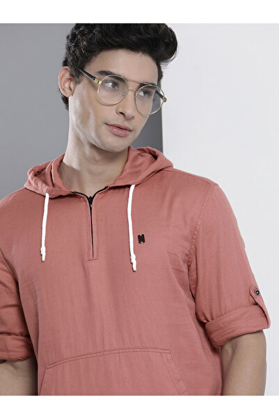 The Indian Garage Co By Styli Men Pink Hooded Shirt with Quarter Zip