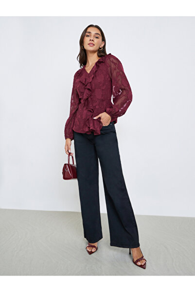 Styli Maroon Ruffle Detail Long Sleeves Blouse