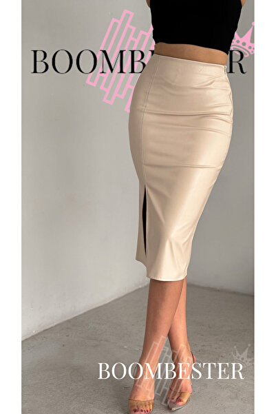 BoomBester تنورة جلدية عالية الخصر للنساء - خصر مطاطي شق (مع طبقة داخلية من ا...