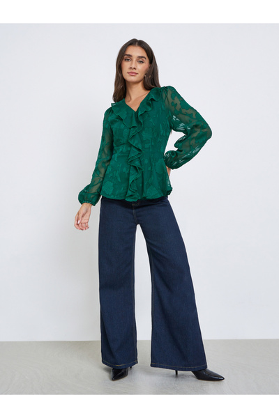 Styli Emerald Green Ruffle Detail Long Sleeves Blouse