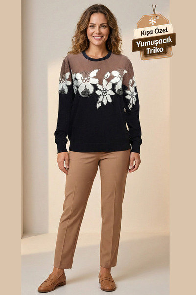 BERNE Çiçek Desenli Bisiklet Yaka Triko Kadın Bluz – Rahat Kalıp, Yumuşak Dokulu