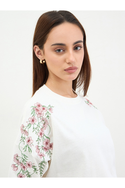 Styli Off White Embroidered Floral Oversized T-Shirt