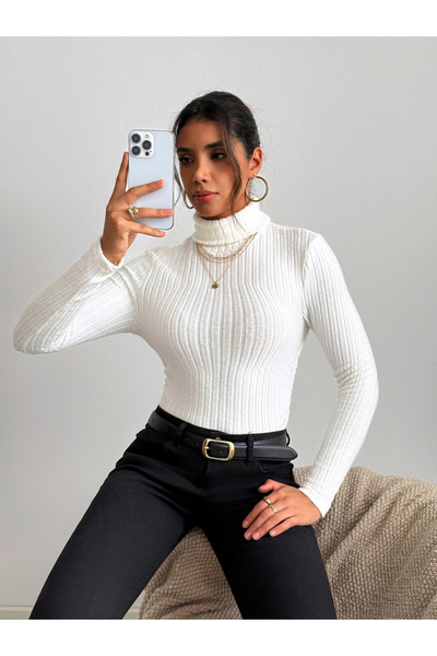 Take Two By Styli Women White Ribbed Turtleneck Top