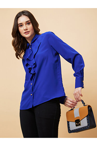 Globus By Styli Royal Blue Ruffle Front Long Sleeve Shirt