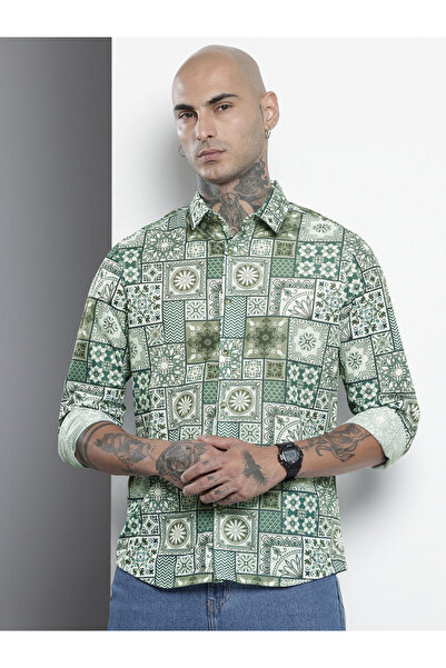 The Indian Garage Co By Styli Men Green Tile Print Regular Fit Shirt