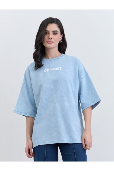 Styli Light Blue Oversized Slogan Print T-Shirt