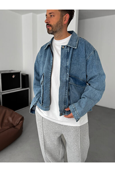 BYBASICMAN Μπλε λοξότμητο μπουφάν τσέπης BRY-60-09