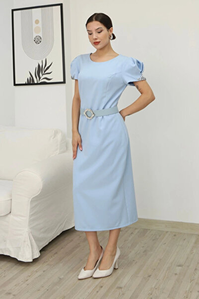lodmela Y Slit Midi Dress with Embroidered Sleeve Belt 2198-Baby Blue
