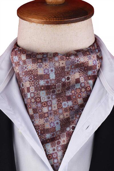 Kravatkolik Brown - Blue Mosaic Motif Pattern Men's Scarf Ascot K670