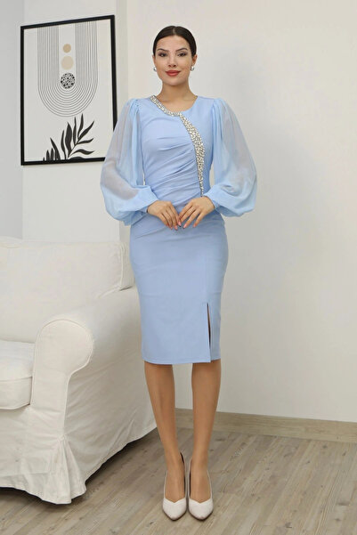 lodmela Stone Embroidered Balloon Sleeve Pleated Midi Dress 2334-Baby Blue