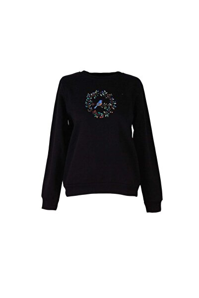 trender 26Kl71S95006 Black Women's Sweatshirt Blue Flower Printed