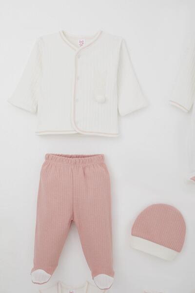 Breeze Baby Girl Hospital Release 8-Piece Pompom Bunny Embroidered 0-3 Months, Ecru