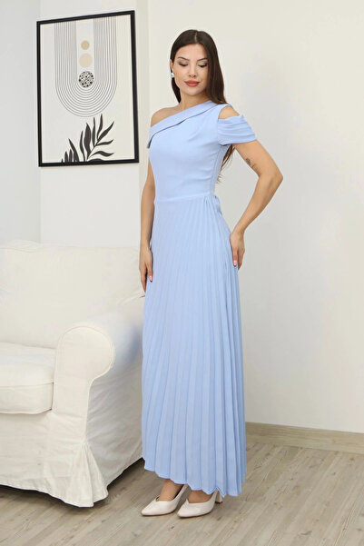 lodmela One Shoulder Pleated Detail Asymmetrical Dress 2381-Baby Blue