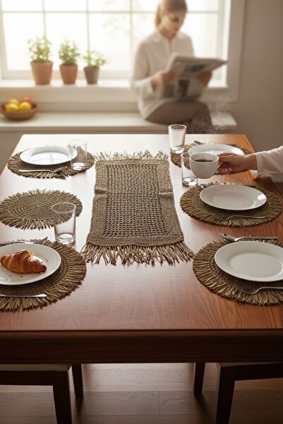 ANJEAHOME مجموعة من 6 قطع من مفارش الطاولة المصنوعة يدويًا من الكرافت مع تفاصيل من الشراشيب | ديكور أنيق لأدوات المائدة