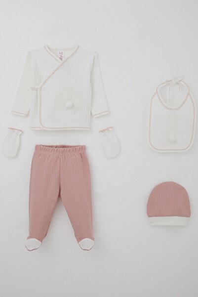 Breeze Baby Girl Hospital Release 5-Piece Pompom Bunny Embroidered 0-3 Months, Ecru