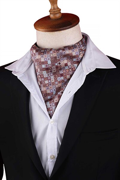 Kravatkolik Brown - Blue Mosaic Motif Pattern Men's Scarf Ascot K670