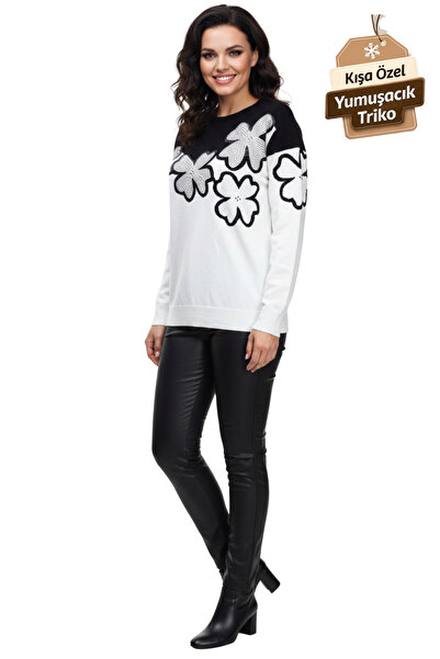 BERNE Çiçek Desenli Bisiklet Yaka Triko Kadın Bluz – Rahat Kalıp, Yumuşak Dokulu