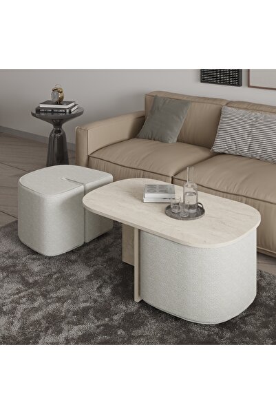 İNARCH DİZAYN Twin Puflu Orta Sehpa – İkili Puf Saklama Alanlı ve Modern Tasarım Traverten