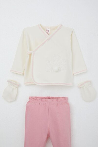 Breeze Baby Girl Hospital Release 5-Piece Pompom Bunny Embroidered 0-3 Months, Ecru