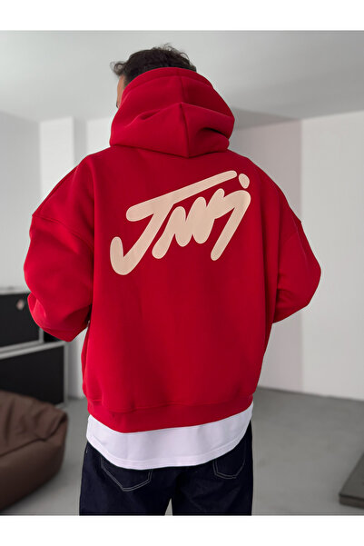 BYBASICMAN Red Basic Printed Hooded Sweatshirt Jj-101