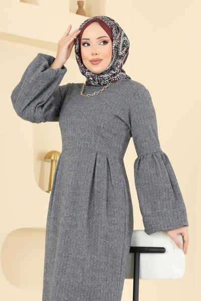 ModaMerve Beli Dikişli Balıksırtı Elbise 24085UKBK1160-MS Gri