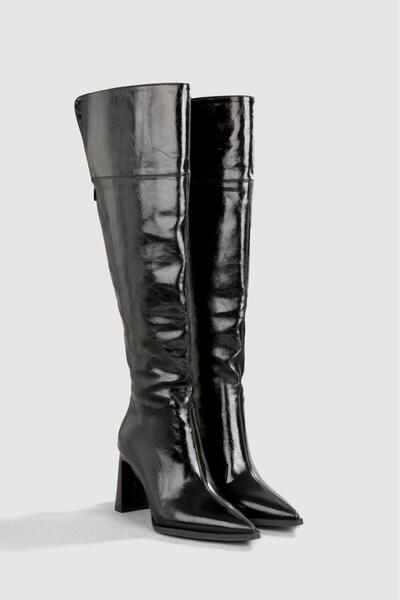 BOBx Women's Black Below-The-Knee Heeled Boots – Pointed Toe, Chunky Heel, Vegan Leather, Winter Stylish Boots 9cm