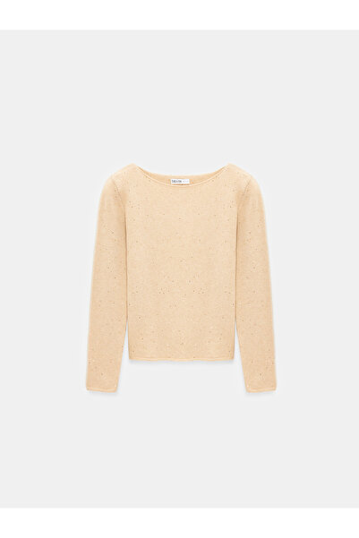 Dilvin 10836 Pulover cu decolteu barcă cu sclipici din amestec de lână-bej