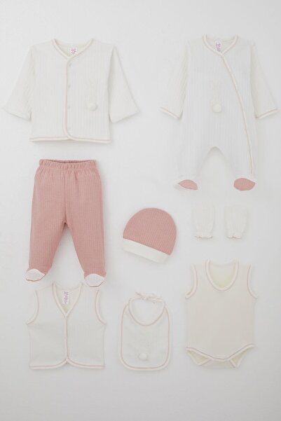 Breeze Baby Girl Hospital Release 8-Piece Pompom Bunny Embroidered 0-3 Months, Ecru