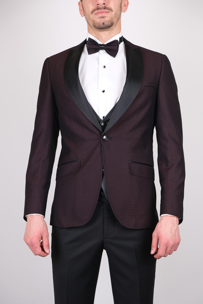 SERKAN SEVİNÇ Slim Fit Erkek Dokulu Kırlangıç Yaka Armürlü Kombinli Smokin