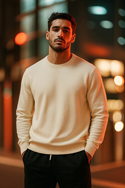 COMBİNE MİCHAİL Men's Basic Comfortable Cream Loose Knit Sweater