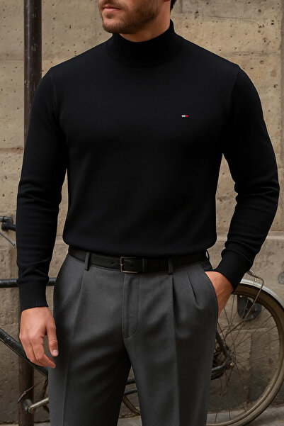 comstar Pulover negru pentru bărbați, iarnă, cu jumătate de gât, strâns, basic