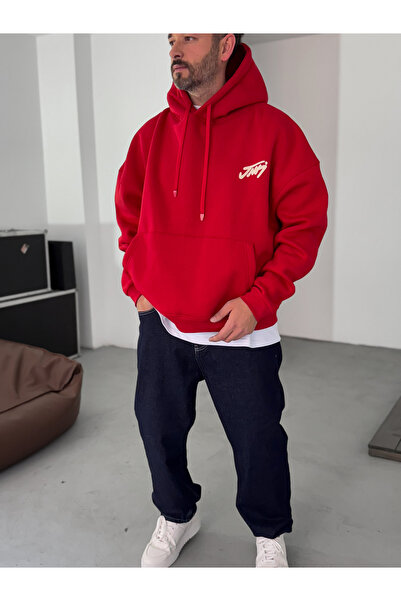 BYBASICMAN Red Basic Printed Hooded Sweatshirt Jj-101