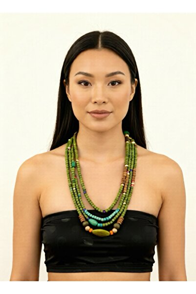 COCOSH TAKI Haki yeşil ahşap boncuklu turkuaz renk detaylı çoklu uzun dolamalı kolye