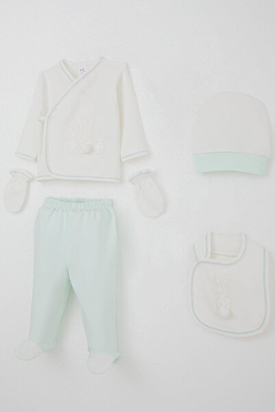 Breeze Baby Girl Hospital Release 5-Piece Pompom Bunny Embroidered 0-3 Months, Ecru