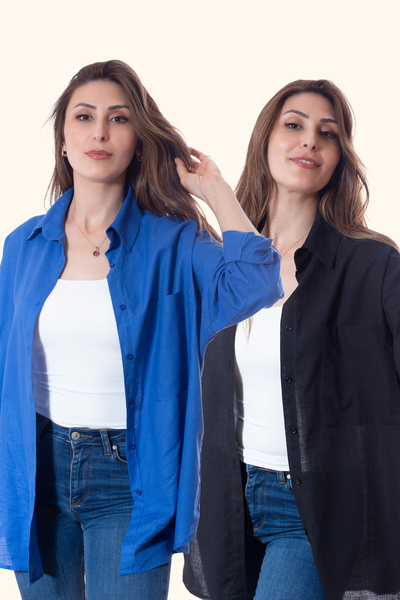 Justime Women's Oversized Cotton Linen Black - Navy Blue Shirt