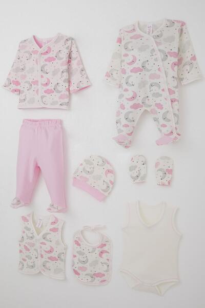 Breeze Baby Girl Hospital Release 8-Piece Sky-Themed Sleepy Moon Patterned 0-3 Months, Ecru