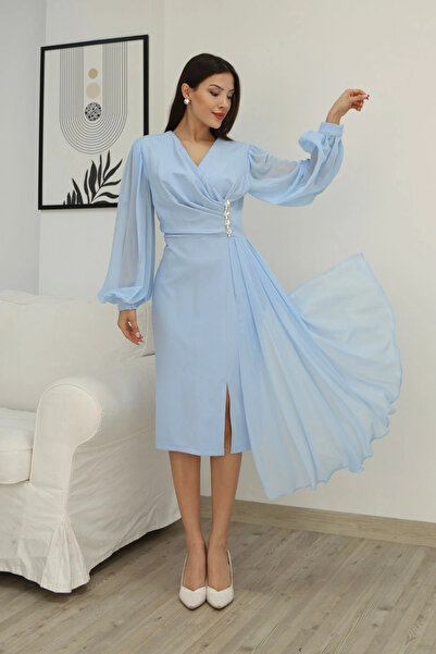 lodmela Double-Breasted Collar Waist Chiffon Detailed Balloon Sleeve Evening Dress 2263-Baby Blue