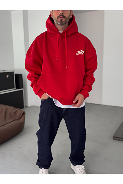 BYBASICMAN Red Basic Printed Hooded Sweatshirt Jj-101