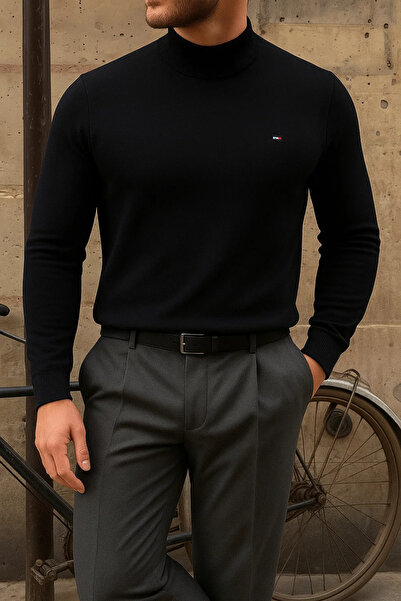 comstar Pulover negru pentru bărbați, iarnă, cu jumătate de gât, strâns, basic