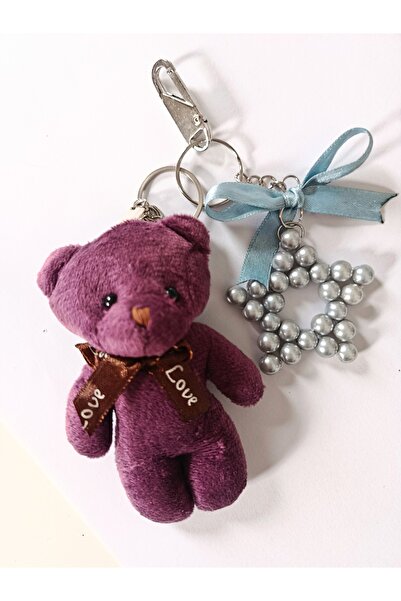 chibi Purple Cute Teddy Bear & Shiny Gray Star Design Bag Charm / Accessory / Keychain