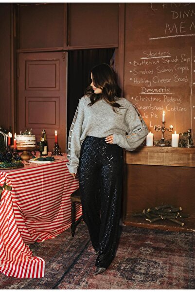 pelin yıldız butik Siyah Kendinden Simli Taşlı Pantolon