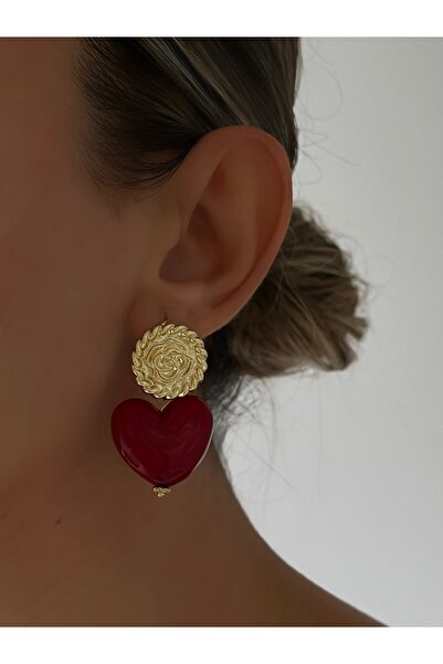 Twinssis Accessories Red Glass Heart Earrings with Gold Detail