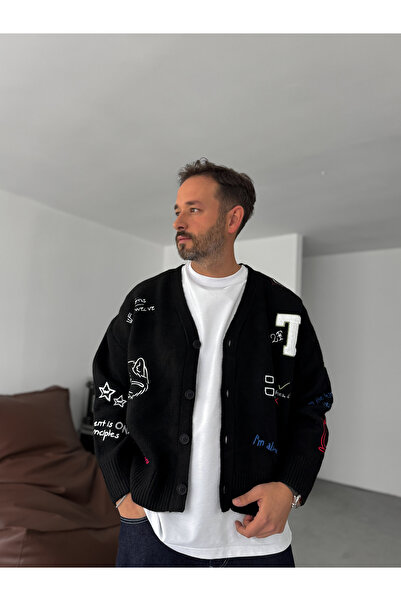 BYBASICMAN Μαύρη ζακέτα με κουμπιά με μικτό κέντημα TW-1004